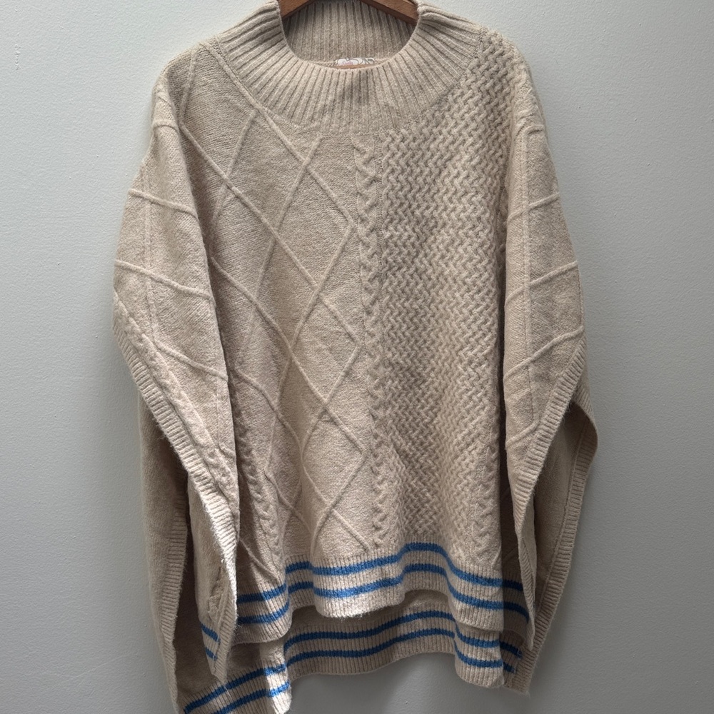 Free People Harbour Stripe Cable Poncho In Ivory one size Preppy Back to school